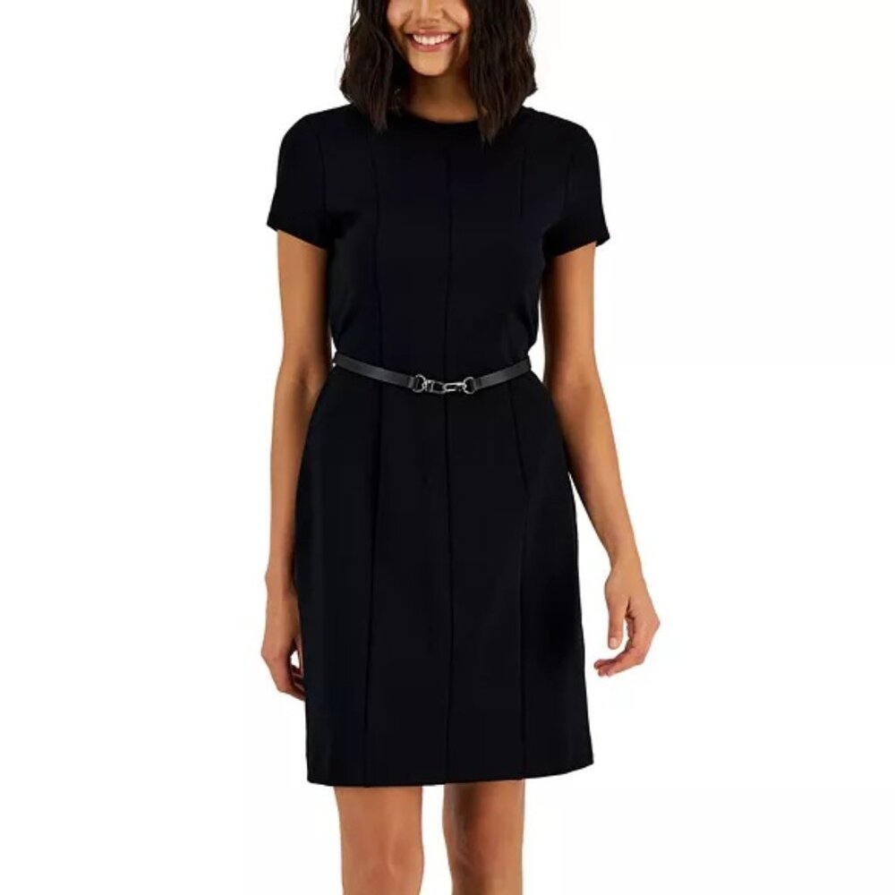 NWOT Alfani Petite BLACK Short-Sleeved Belted Dress size 2-4.